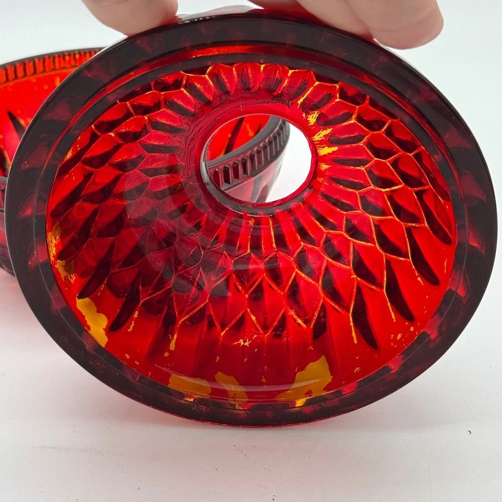 Vtg Indiana Glass Mount Vernon Fairy Lamp Ruby Red Flash Diamond Point As Is